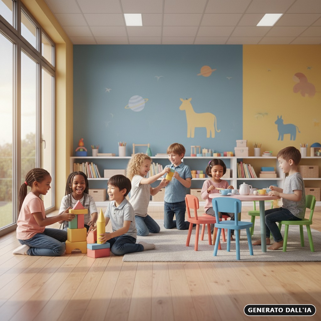 Generato da IA: Un gruppo di bambini gioca insieme in un'aula scolastica colorata e luminosa.